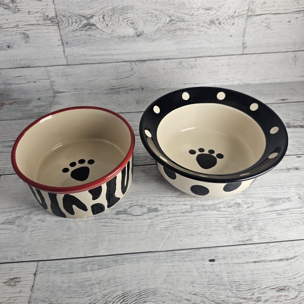 Petrageous Designs Set Ceramic Pet Bowls Zebra & Polkadot Red Black White Dish